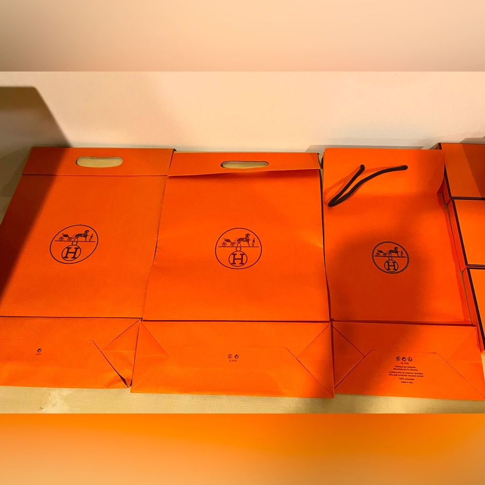 Set of authentic Hermes tie boxes (3) and bags (3 small & 3 large).